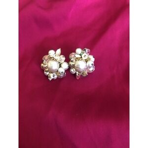Vintage VENDOME  Austrian Crystal & Faux Pearl Bead Cluster EARRINGS Clip On